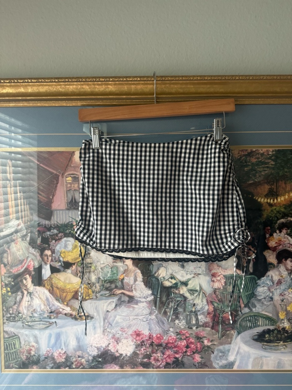 Danielle Guizio Black & White Gingham Drawstring Mini Skirt